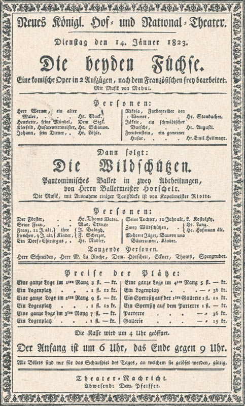 Farsim. des Theaterzettels des kgl. Hoftheaters v. 14.1.1823 an welche